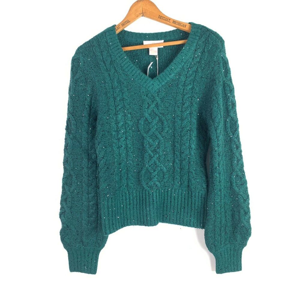 Rachel Parcell Cable Knit Green V-neck Sweater - Picture 1 of 7
